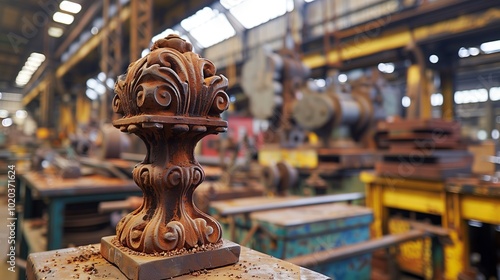 A Decorative Cast Iron Piece Displayed in a Busy Manufacturing Workshop Filled With Machinery