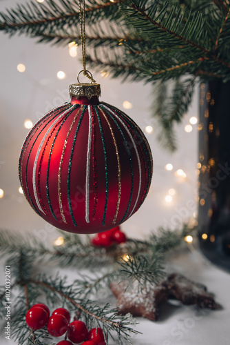 Red Christmas tree toy on a fir branch on a light background.