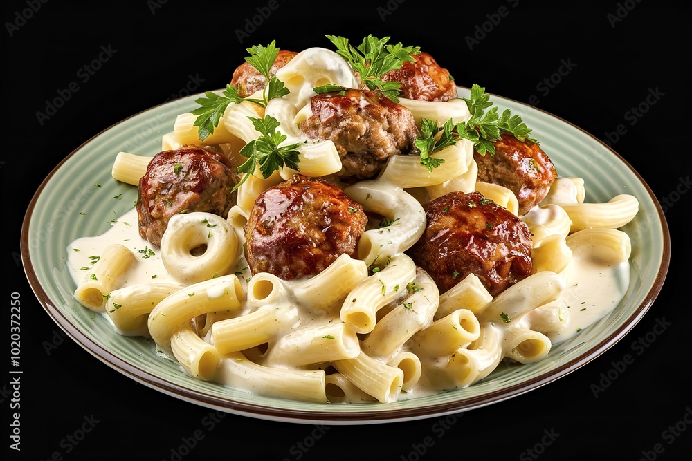 A delectable and appetizing photograph of macaroni with meatballs in cream sauce on a plate. A delectable and appetizing photograph of macaroni with meatballs in cream sauce on a plate.