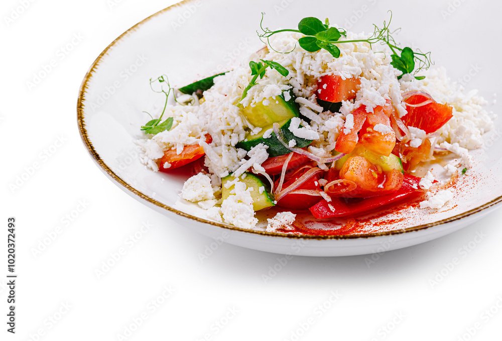 Shopska salad served on white plate with microgreens decoration Shopska salad served on white plate with microgreens decoration