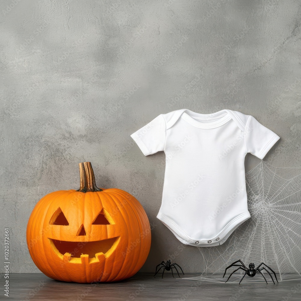 Minimalist baby bodysuit in front of a carved pumpkin and spider web decor, Halloween ambiance Minimalist baby bodysuit in front of a carved pumpkin and spider web decor, Halloween ambiance