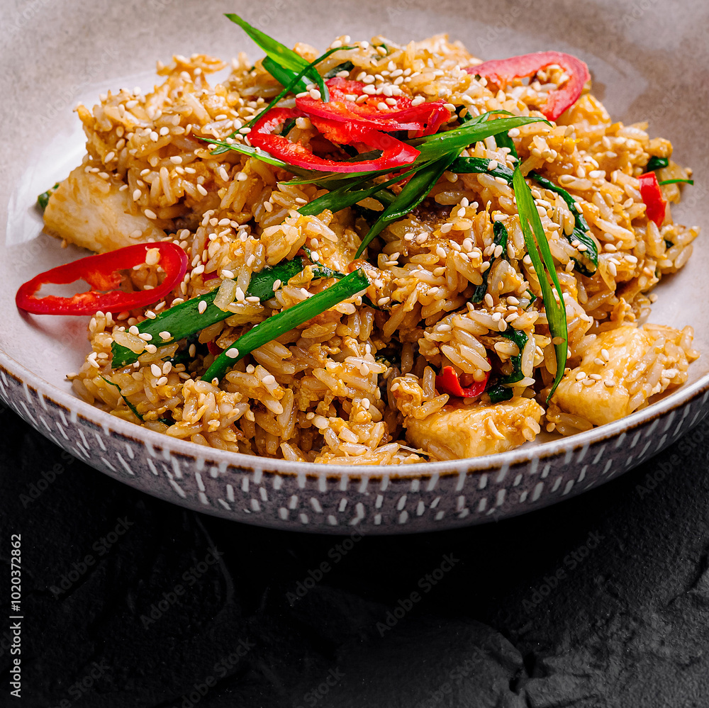 Spicy chicken fried rice garnished with green onion and sesame seeds Spicy chicken fried rice garnished with green onion and sesame seeds