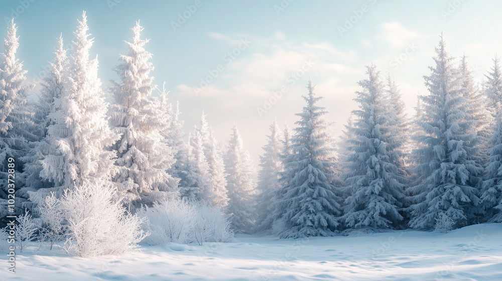 Fototapeta premium Frosted Pine Trees And Soft Winter Landscape At Sunrise