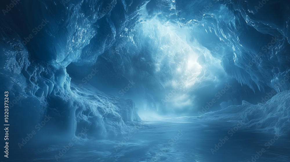 Wide Blue Ice Cave With Frosted Walls And Glowing Light In Arctic Wide Blue Ice Cave With Frosted Walls And Glowing Light In Arctic