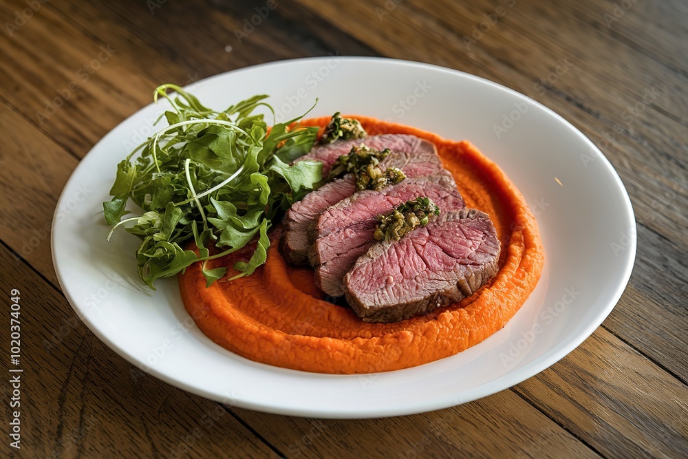 a medium-rare cooked meat, vibrant carrot puree, and fresh green salad a medium-rare cooked meat, vibrant carrot puree, and fresh green salad