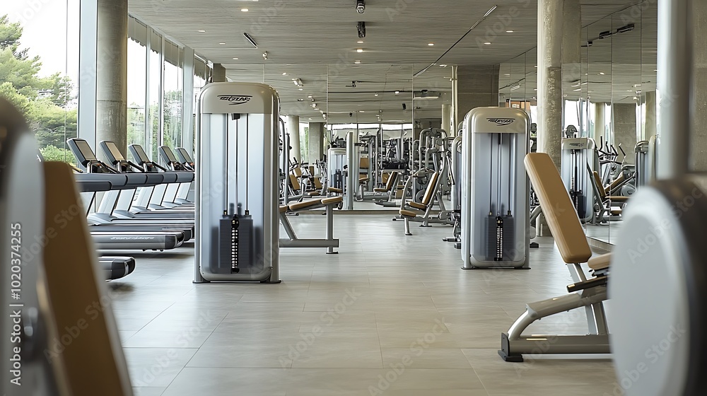 Wide-angle shot of a modern gym, sleek exercise machines, large mirrors creating a sense of depth, spacious and open floor layout, soft natural light, polished flooring, neutral color palette, Wide-angle shot of a modern gym, sleek exercise machines, large mirrors creating a sense of depth, spacious and open floor layout, soft natural light, polished flooring, neutral color palette,