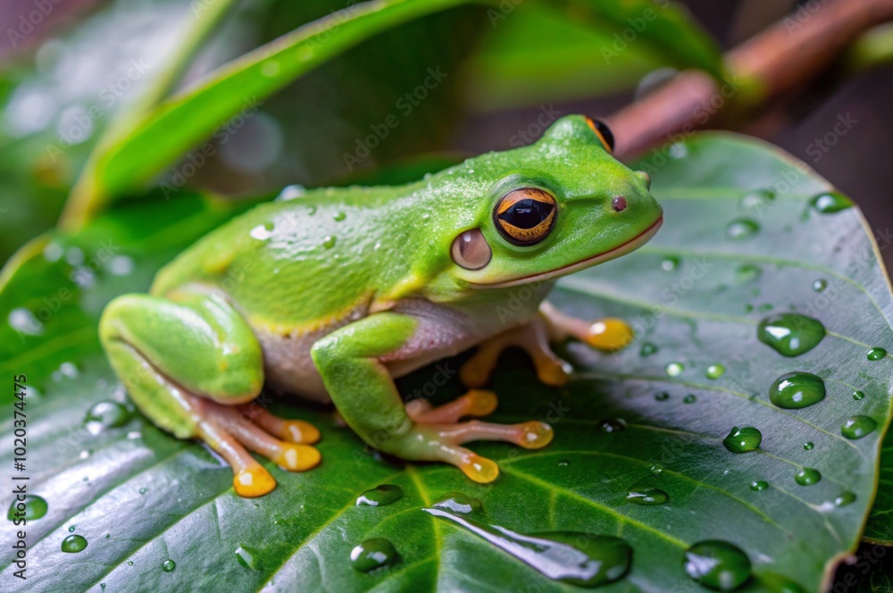 Capture a vibrant green tree frog perched on a wet leaf during a gentle rain, with droplets clinging to its skin.
Capture a vibrant green tree frog perched on a wet leaf during a gentle rain, with droplets clinging to its skin.