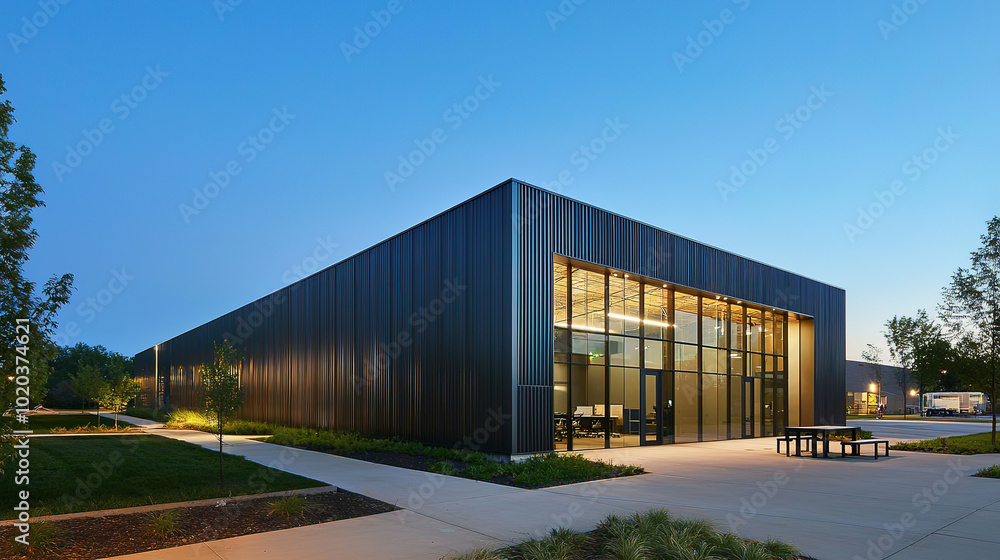 Obraz premium Sleek Steel Exterior of Modern Warehouse Office Building