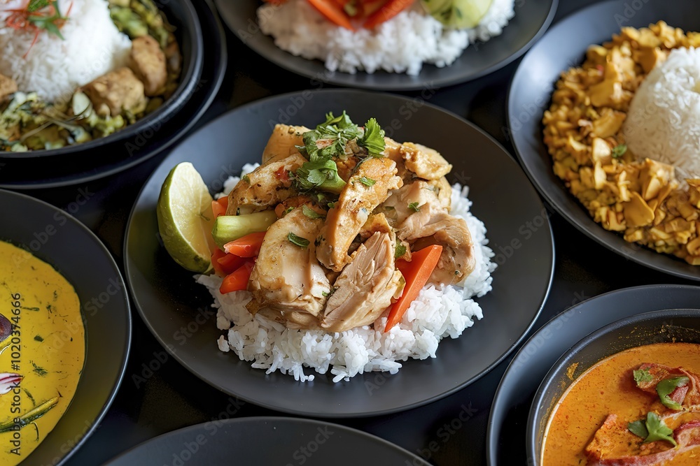 A photo of a black plate with chunks of chicken, rice, and vegetables A photo of a black plate with chunks of chicken, rice, and vegetables