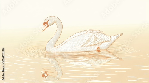 Fototapeta Naklejka Na Ścianę i Meble -  Elegant vector line drawing of a swan swimming in calm waters at sunrise.
