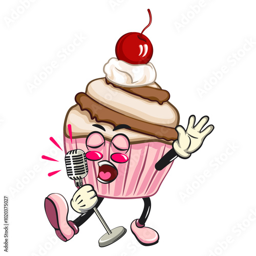 kawaii cartoon cupcake with cherry on top character mascot isolated vector illustration sing earnestly with maximum style, work of hand drawn