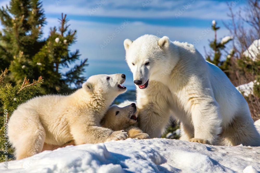 Capture playful polar bear cubs wrestling on a snowy landscape, with their mother watching nearby.
Capture playful polar bear cubs wrestling on a snowy landscape, with their mother watching nearby.