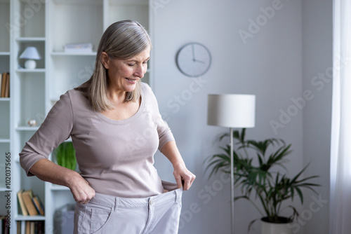 Happy senior woman examines her weight loss progress by wearing oversized pants. She stands in modern room, proud of healthy lifestyle and personal achievement in fitness journey.