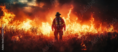 A firefighter stands bravely amidst a raging wildfire, the flames engulfing the surrounding field.