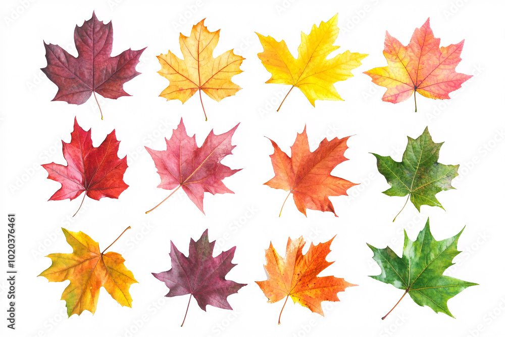 A set of twelve colorful autumn maple leaves in shades of red, yellow, orange, and green on a white background
A set of twelve colorful autumn maple leaves in shades of red, yellow, orange, and green on a white background