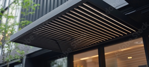 Geometric View of a Modern Building Facade, Featuring a Striking Black Exterior and Metal Louvers