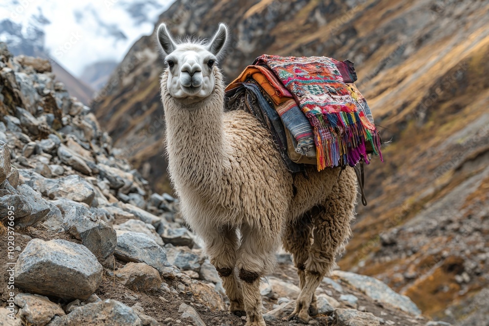 Obraz premium Llama carrying colorful textiles in mountainous terrain