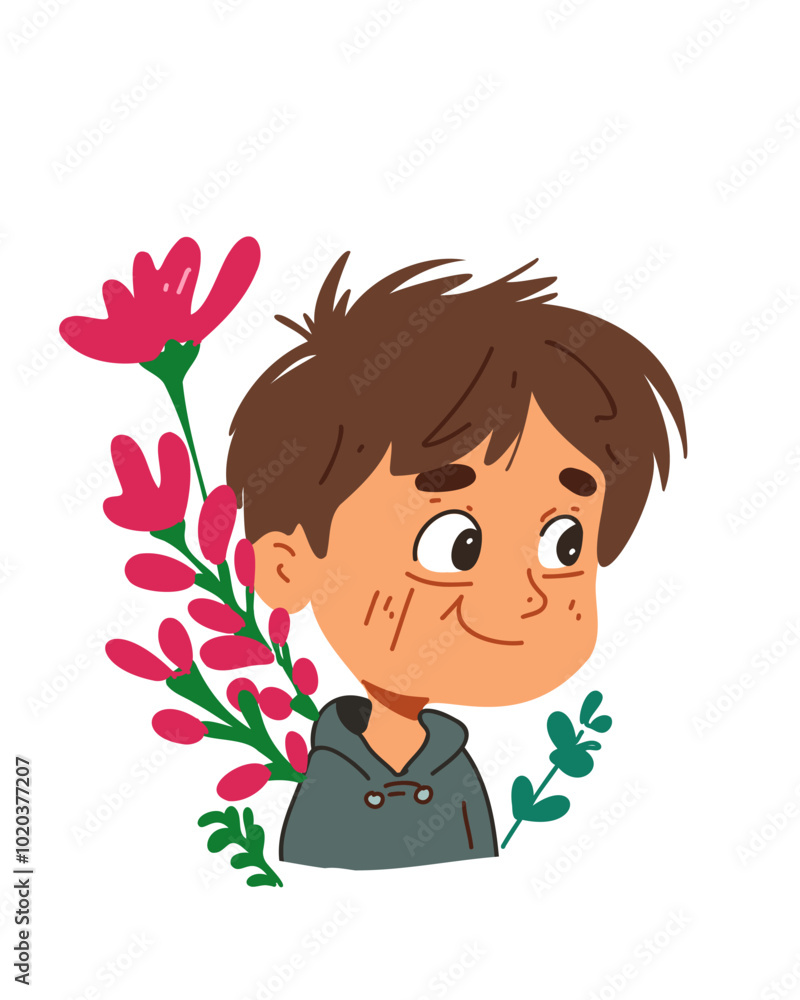 Cartoon boy with big eyes against bright flowers Cartoon boy with big eyes against bright flowers