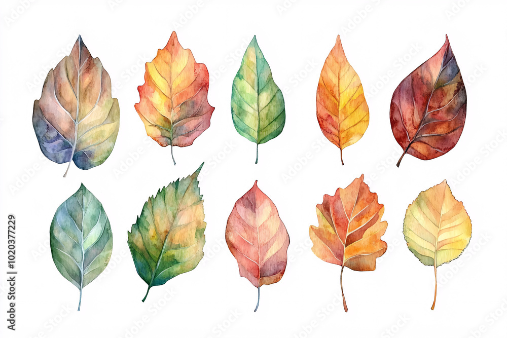 Obraz premium A collection of ten watercolor leaves in various colors ranging from green to red displayed on a white background 