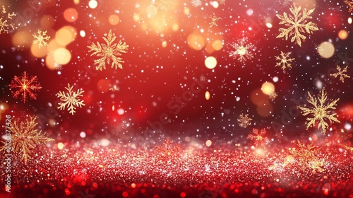 Festive holiday background with snowflakes and shimmering bokeh lights in red and gold tones, creating a magical winter atmosphere.