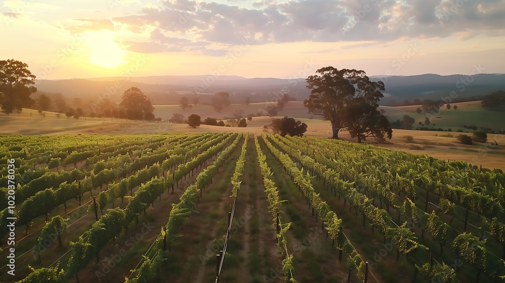 Vineyard Landscape at Sunset Showcasing Rows of Grapevines in a Serene Countryside Setting Vineyard Landscape at Sunset Showcasing Rows of Grapevines in a Serene Countryside Setting