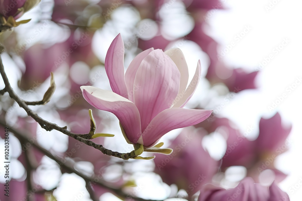 a pink magnolia flower on a branch with more unopened buds a pink magnolia flower on a branch with more unopened buds