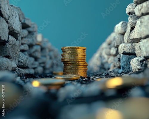 Stacks of Gold Coins Between Rock Walls photo