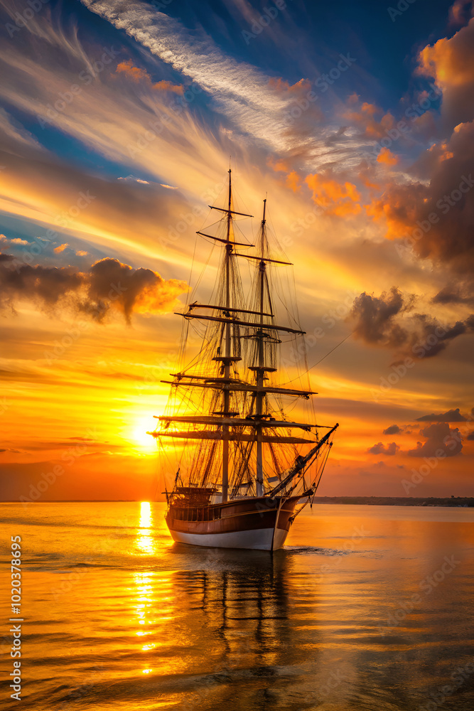 A large ship sails through the ocean at sunset A large ship sails through the ocean at sunset
