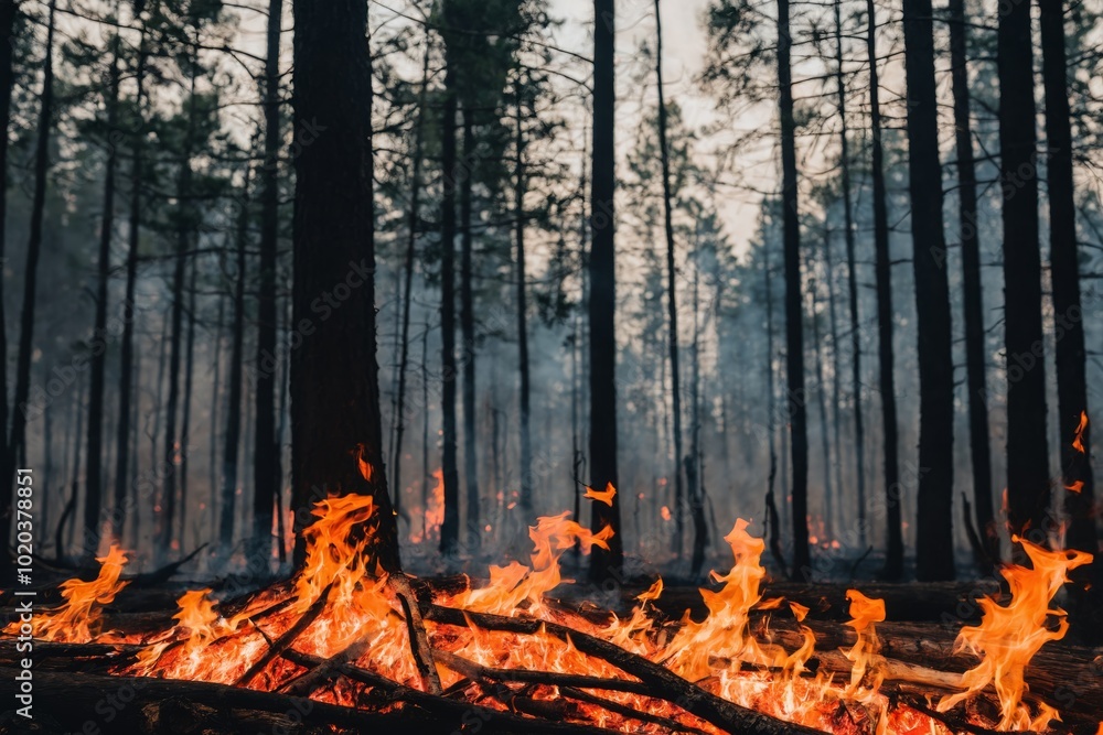 Forest fire burning brush and undergrowth among pine trees Forest fire burning brush and undergrowth among pine trees