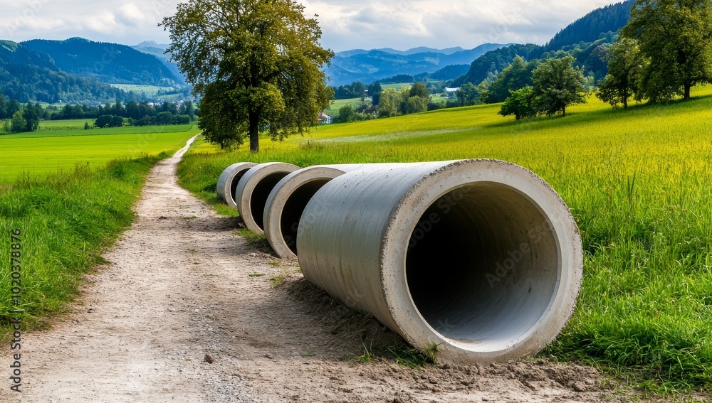 Long Concrete Pipe Being Built for Underground Water System Lying on Dirt in Open Field with Green Grass and Trees in Background Long Concrete Pipe Being Built for Underground Water System Lying on Dirt in Open Field with Green Grass and Trees in Background