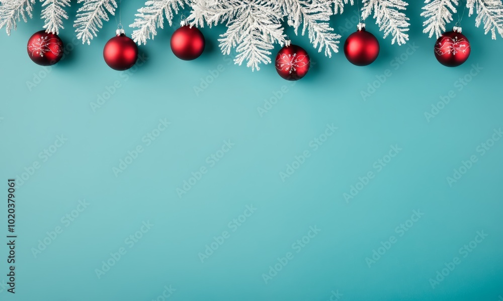 Red Christmas baubles hang from frosted pine branches against a teal background Red Christmas baubles hang from frosted pine branches against a teal background