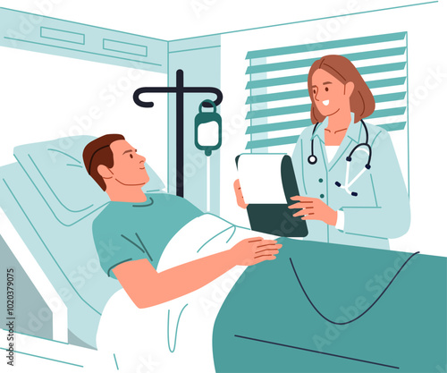 Doctor visit a patient lying in a intensive care hospital bed. Health worker examine patients health in clinic. Hospitalization concept. Vector illustration.