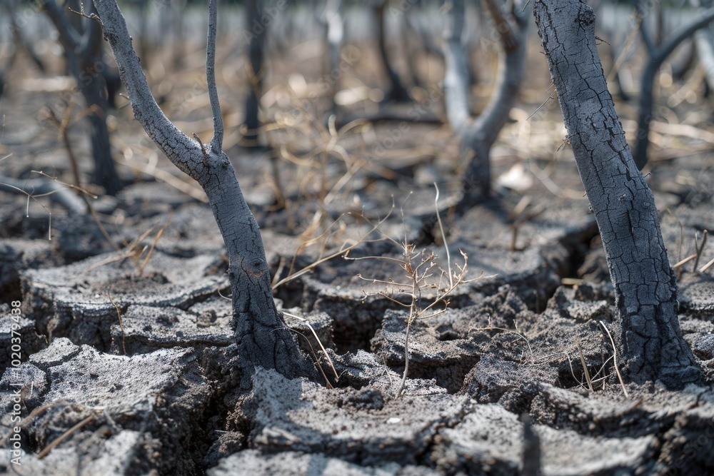 Dead trees rise from parched, cracked soil, highlighting the severe effects of drought and the urgent global water crisis. Generative AI Dead trees rise from parched, cracked soil, highlighting the severe effects of drought and the urgent global water crisis. Generative AI
