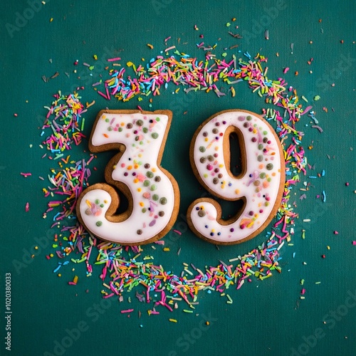 Decorated cookie, number 39, image for birthday or anniversary celebration