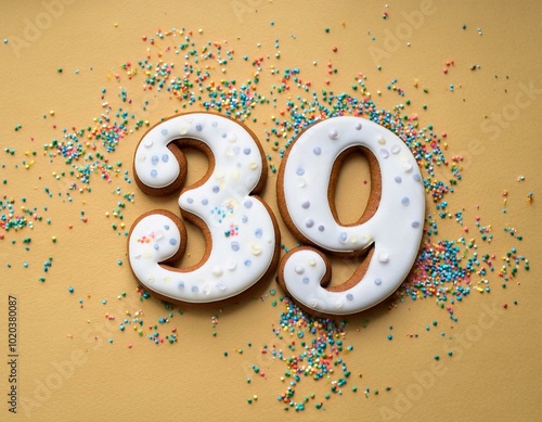 Decorated cookie, number 39, image for birthday or anniversary celebration