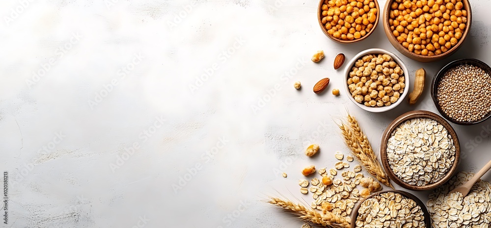 Bowls of oatmeal, chickpeas, and almonds with wheat stalks on white background. Bowls of oatmeal, chickpeas, and almonds with wheat stalks on white background.