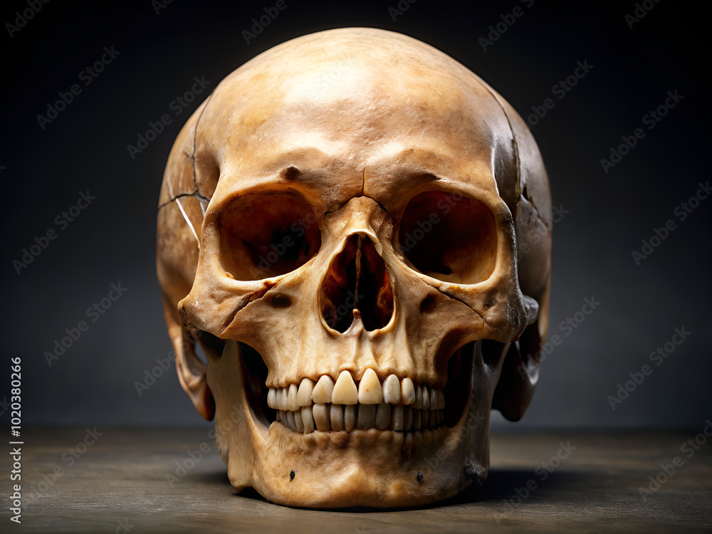 A skull is shown in a close up, with its mouth open and teeth visible A skull is shown in a close up, with its mouth open and teeth visible