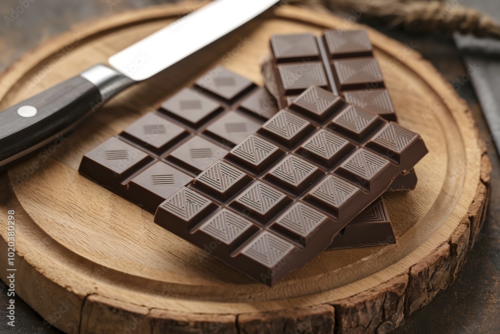 a wooden board with a dark chocolate bar