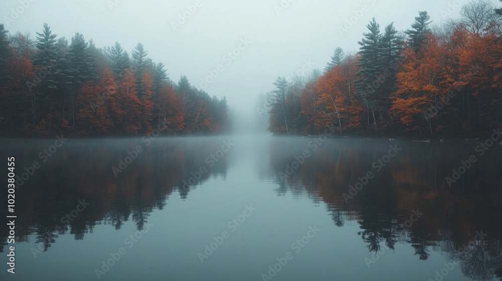 Fototapeta premium Foggy Autumn Lake with Mirrored Trees