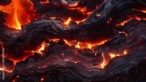 Close-up of charred wooden beams with glowing embers, showing the aftermath of a fire, Charred beams twisting and contorting in the heat photo