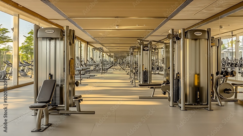 Wide-angle view of a modern fitness center, large mirrors creating depth, spacious layout with wide empty walkways, sleek machines neatly arranged, polished flooring, neutral tones, Wide-angle view of a modern fitness center, large mirrors creating depth, spacious layout with wide empty walkways, sleek machines neatly arranged, polished flooring, neutral tones,