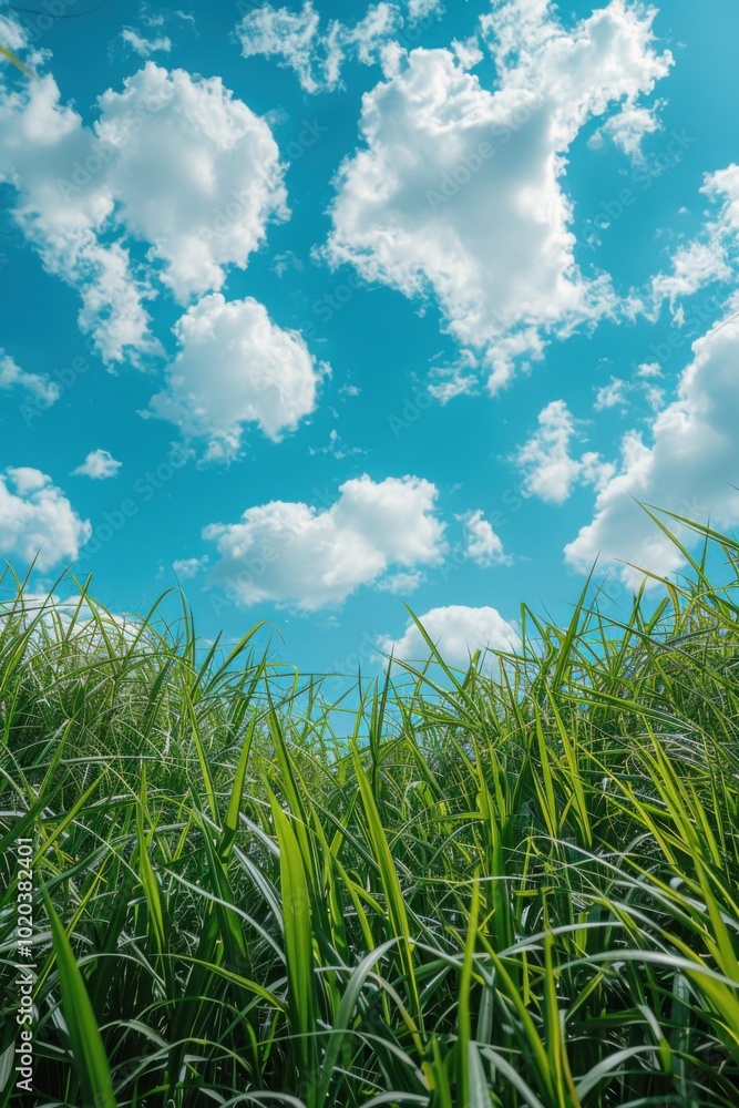 Obraz premium Tall grass with a blue sky and clouds in the background