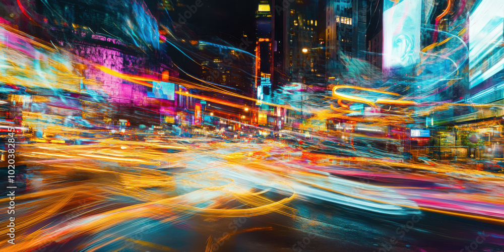 A vibrant abstract image representing the chaos and movement of a bustling city at night A vibrant abstract image representing the chaos and movement of a bustling city at night