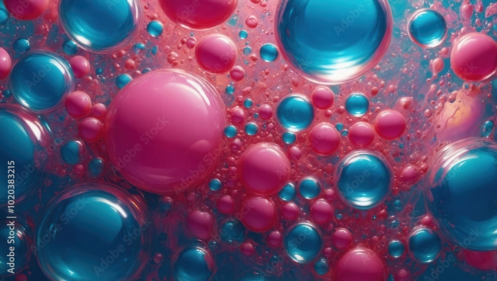 Close-up view of vibrant pink and blue soap bubbles on a gray surface Close-up view of vibrant pink and blue soap bubbles on a gray surface