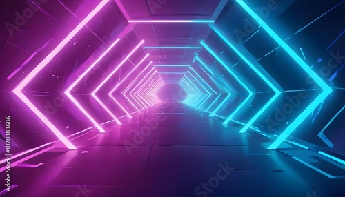 Neon tunnel with glowing (purple and blue geometric shapes, creating a futuristic and abstract backgroundGlowing purple and blue 