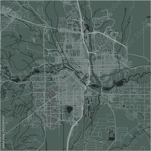 Map of Pueblo in Colorado in a smooth dark style. Contains layered vector with roads water, parks, etc.
