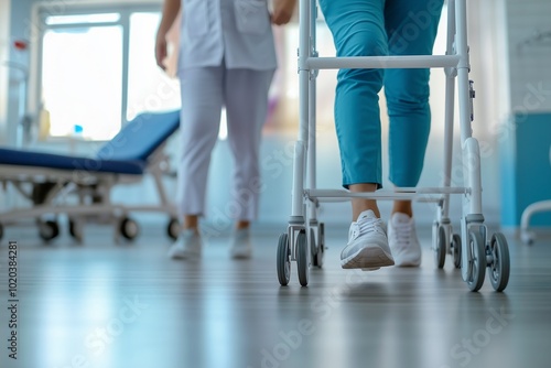 A medium shot depicting a patient practicing walking with the help of gait training equipment and handrails, highlighting rehabilitation and mobility recovery in a supportive healthcare setting photo