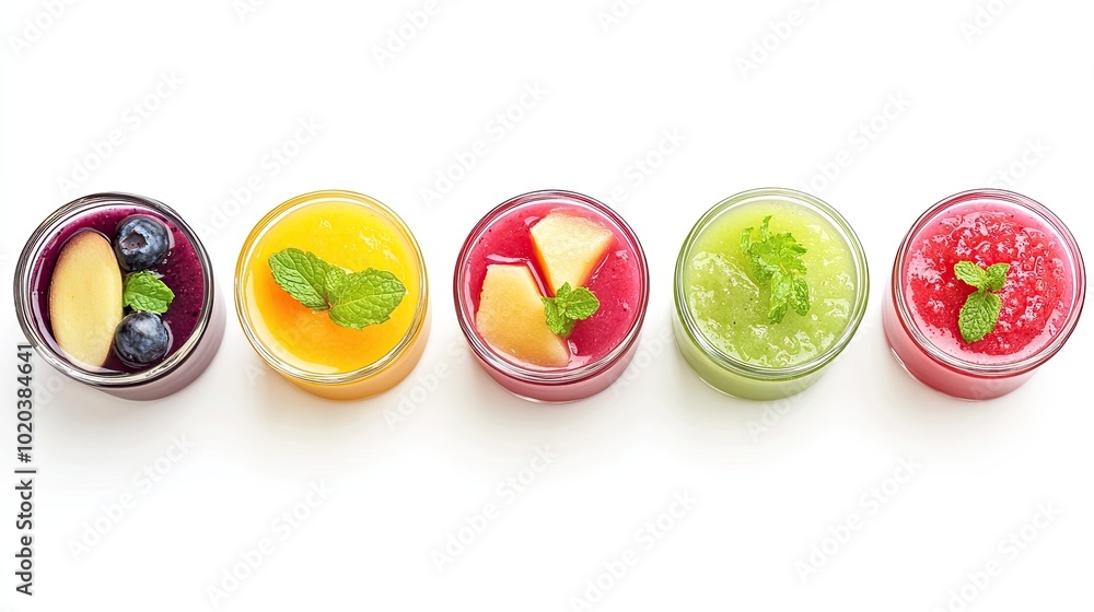 An elegant arrangement of fruit purees in small glass containers, highlighted against a white background to emphasize the concept of processed, ready-to-eat fruit. An elegant arrangement of fruit purees in small glass containers, highlighted against a white background to emphasize the concept of processed, ready-to-eat fruit.