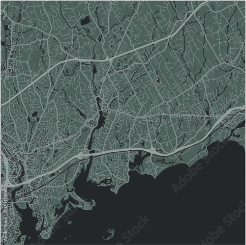 Map of Westport in Connecticut in a smooth dark style. Contains layered vector with roads water, parks, etc. photo