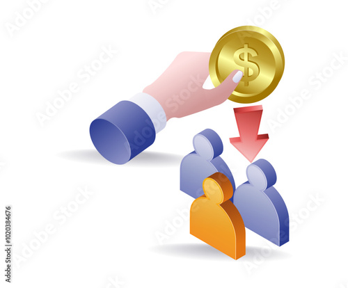 Distribute coins to the team isometric illustration